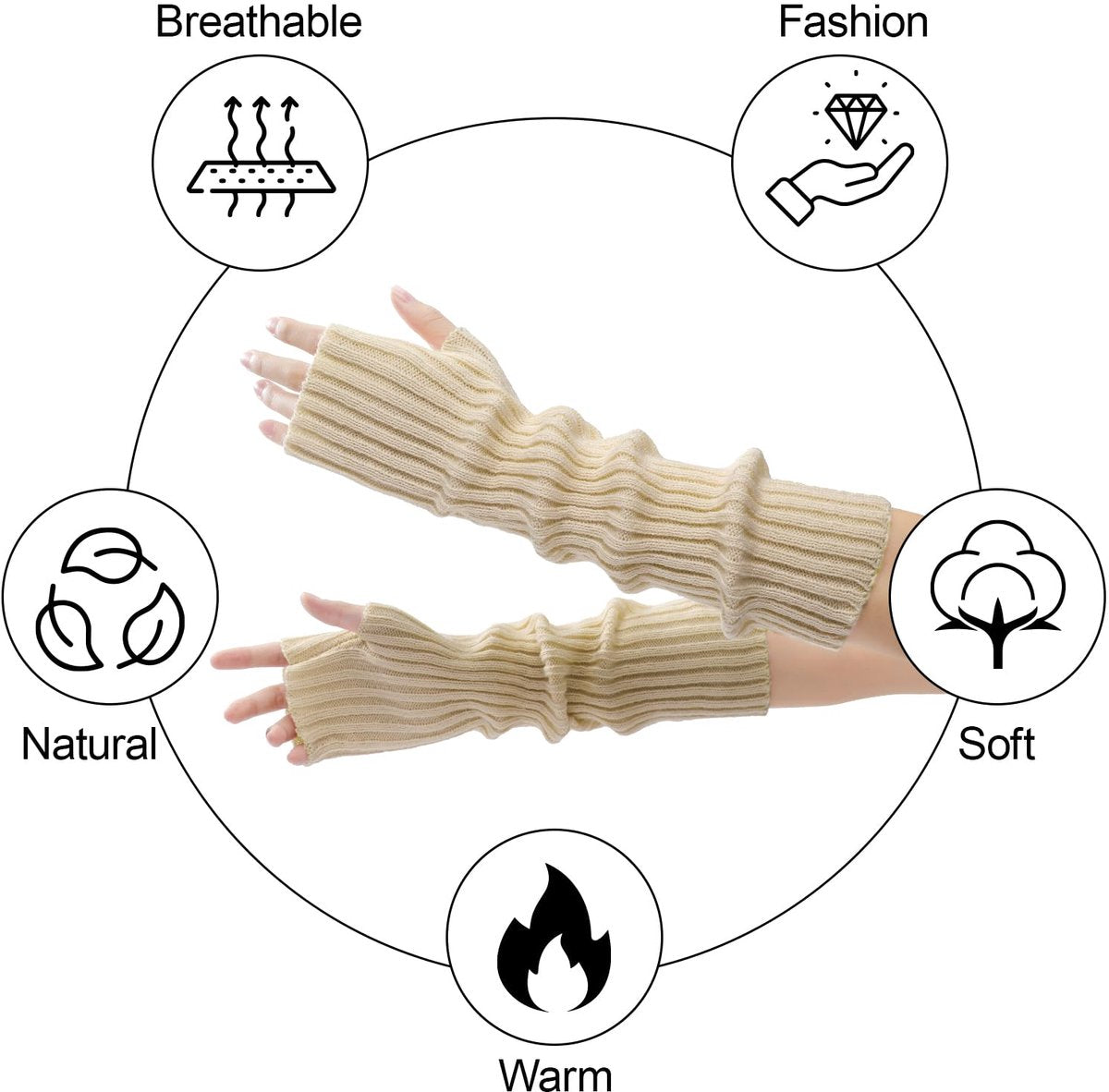 Arm Sleeves - Women's Long Fingerless - Knitted Y2K Arm Sleeves - (Beige)
