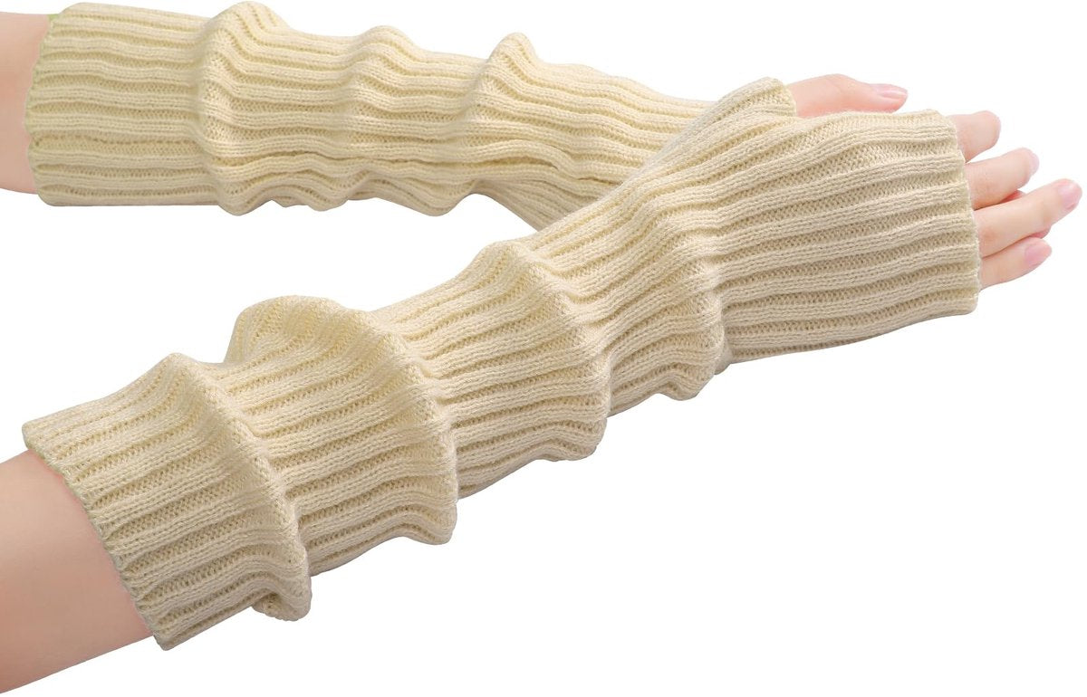 Arm Sleeves - Women's Long Fingerless - Knitted Y2K Arm Sleeves - (Beige)