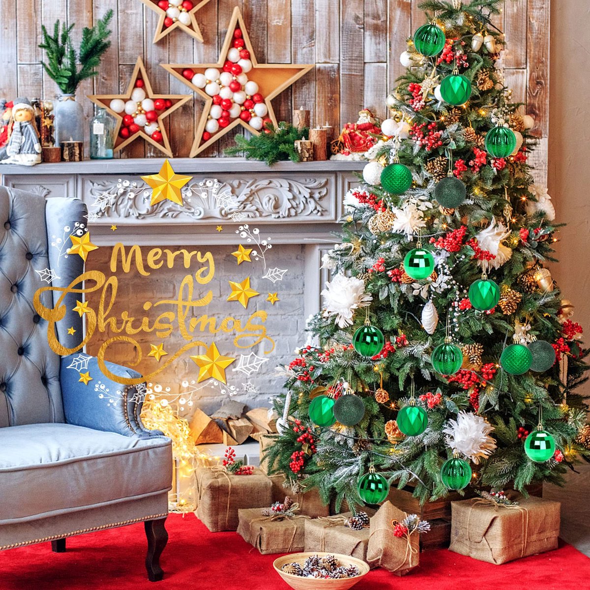 Christmas Baubles - 24 pieces - Large size, 6 cm diameter - Unbreakable plastic - Christmas tree decoration - Various Christmas bauble decorations suitable for weddings, Mother's Day party decorations (vegetable)