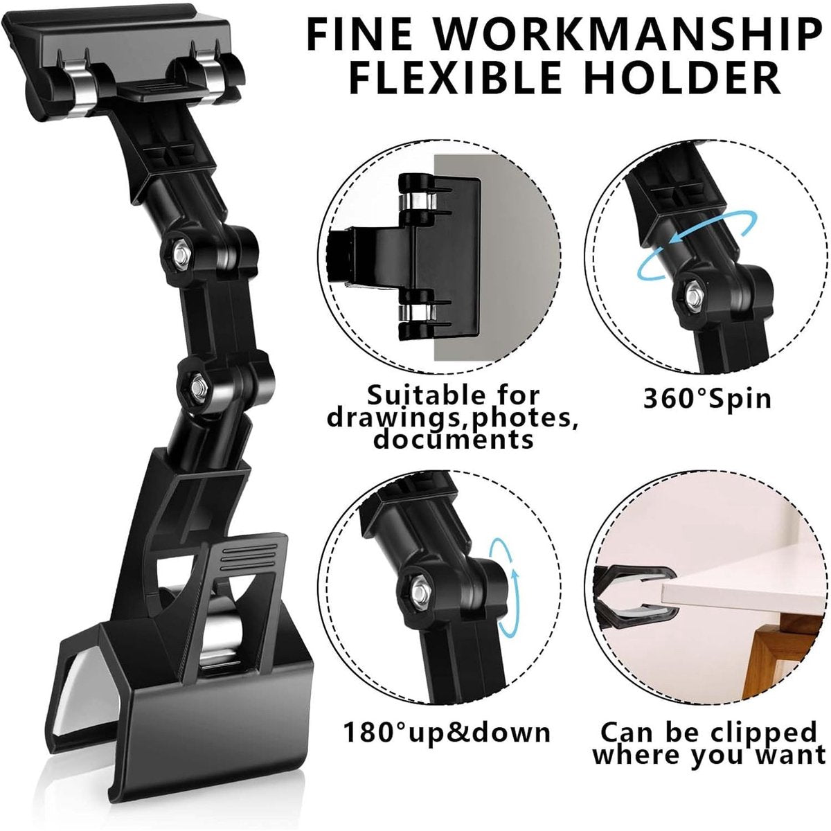 Adjustable Ring Binder - Flexible Rotating Paper Holder - for Typing Table - File Folder - Document Holder - Copy Holder - for Computer Monitor - Canvas Holder (5-pack, black)