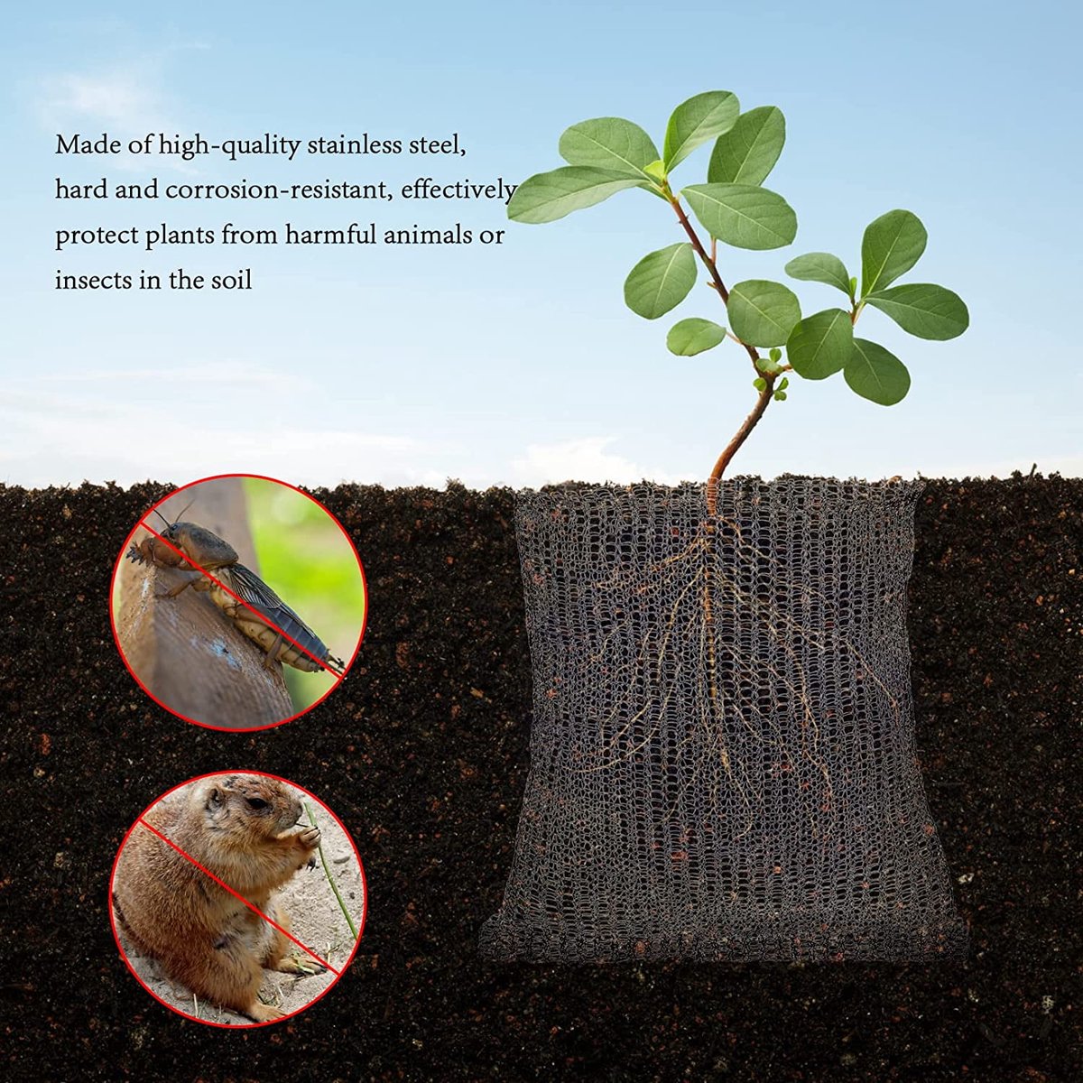 Garden Tools - 3-Piece Root Protection Baskets - Gopher-Resistant Stainless Steel Wire Basket Barriers - Keep Burrowing Animals, Pests, Voles, Moles, and More Out - 24 x 24 Inches