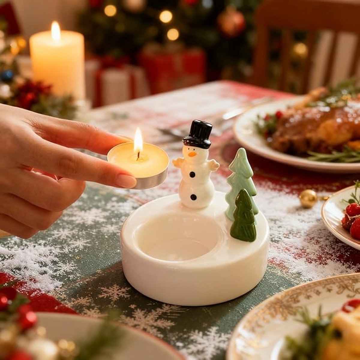 1 Piece - Ceramic Tea Light Holder - Desk Decoration - Snowman Candle Holder - Dining Table Ornament - Farmhouse Winter Decoration (Style 1)