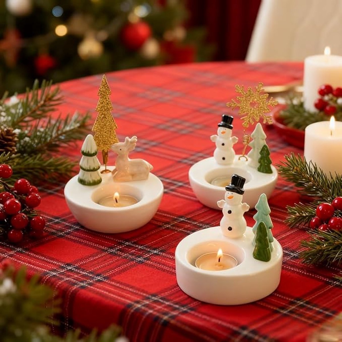 1 Piece - Ceramic Tea Light Holder - Desk Decoration - Snowman Candle Holder - Dining Table Ornament - Farmhouse Winter Decoration (Style 1)