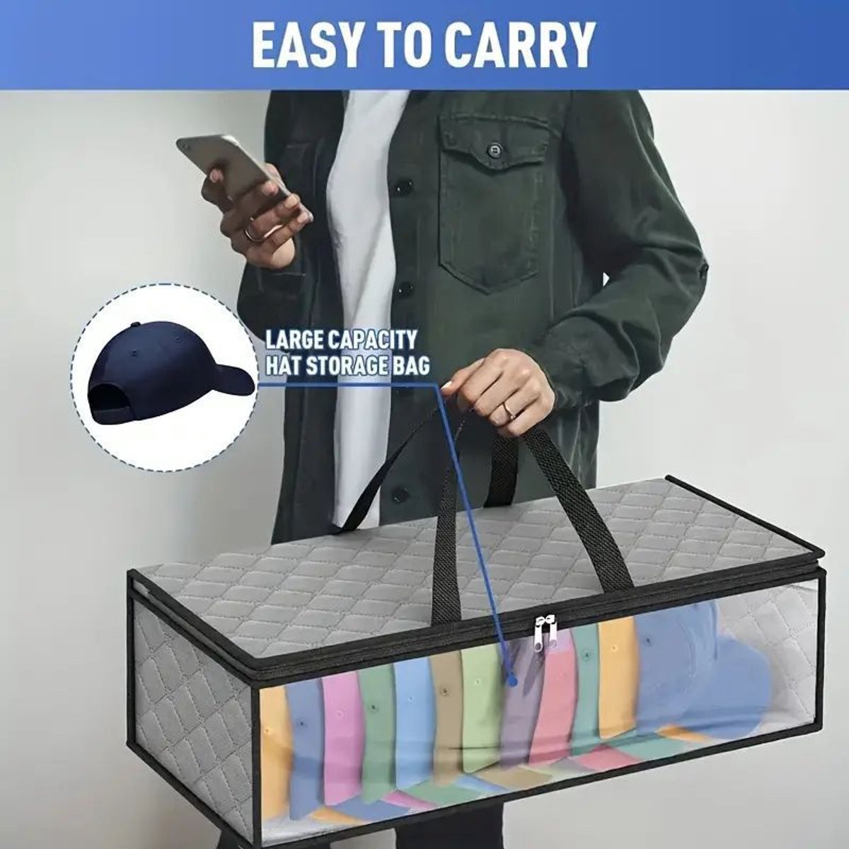 Cap Storage Bag | Set of 2 Storage Bag / Storage Sleeve - for baseball caps and other caps | Cap Organizer with 2 Handles for Closet | Moisture Protection - Gray