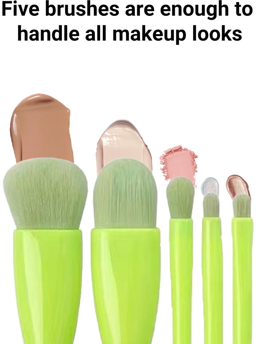 Makeup Brush Set - 5-Pack - Portable - Travel Makeup Brush Set with Mirror Case - Professional Foundation Brush, Eyeshadow Brush, and Blending Brush for Women - Green
