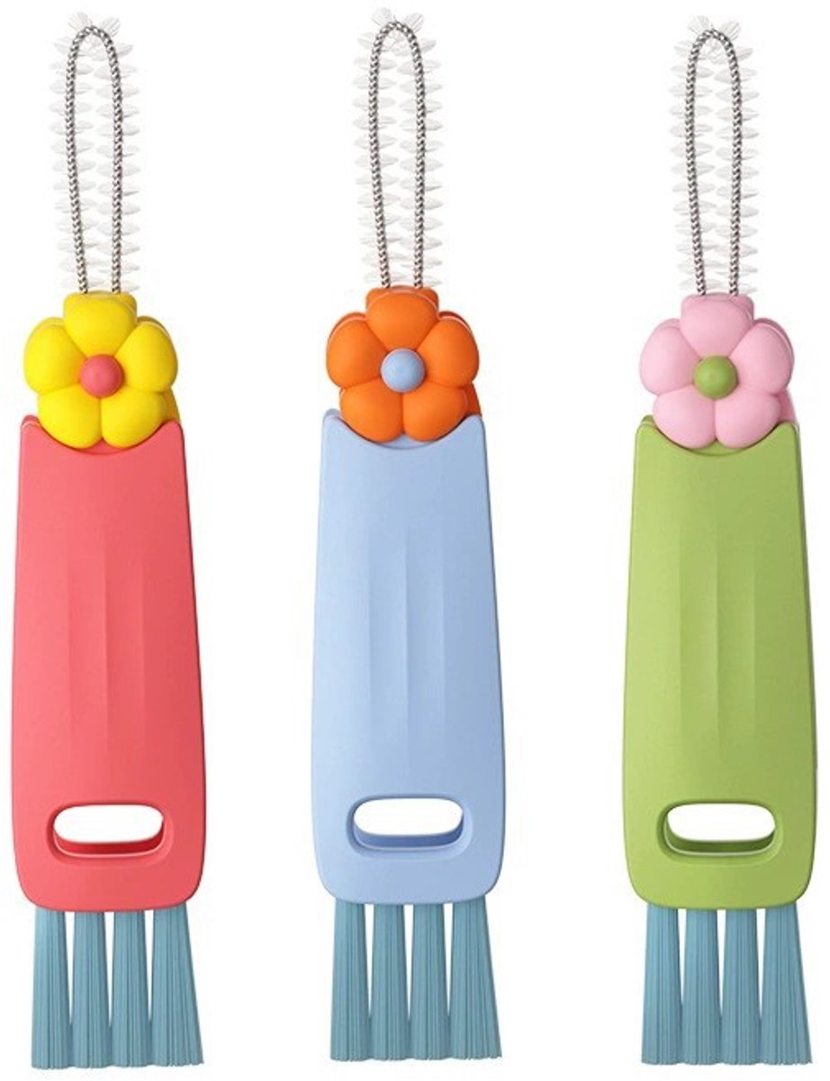 Brush - 3-piece set - Multifunctional cleaning brush - With soft bristles - Suitable for glass lids and bottle caps - Ideal for small spaces and cup accessories