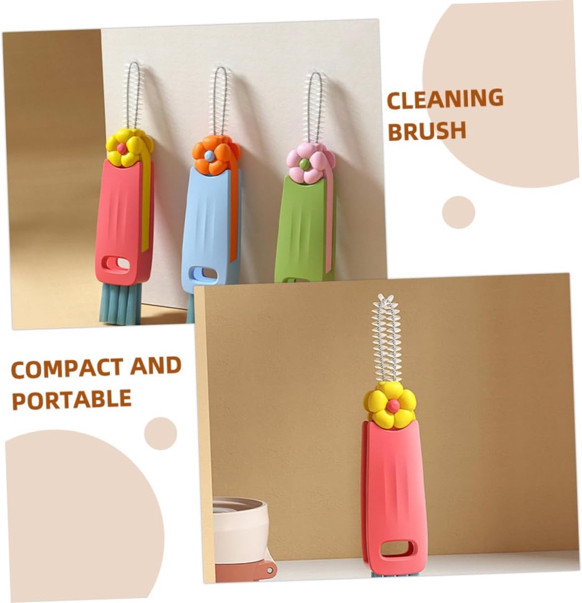 Brush - 3-piece set - Multifunctional cleaning brush - With soft bristles - Suitable for glass lids and bottle caps - Ideal for small spaces and cup accessories