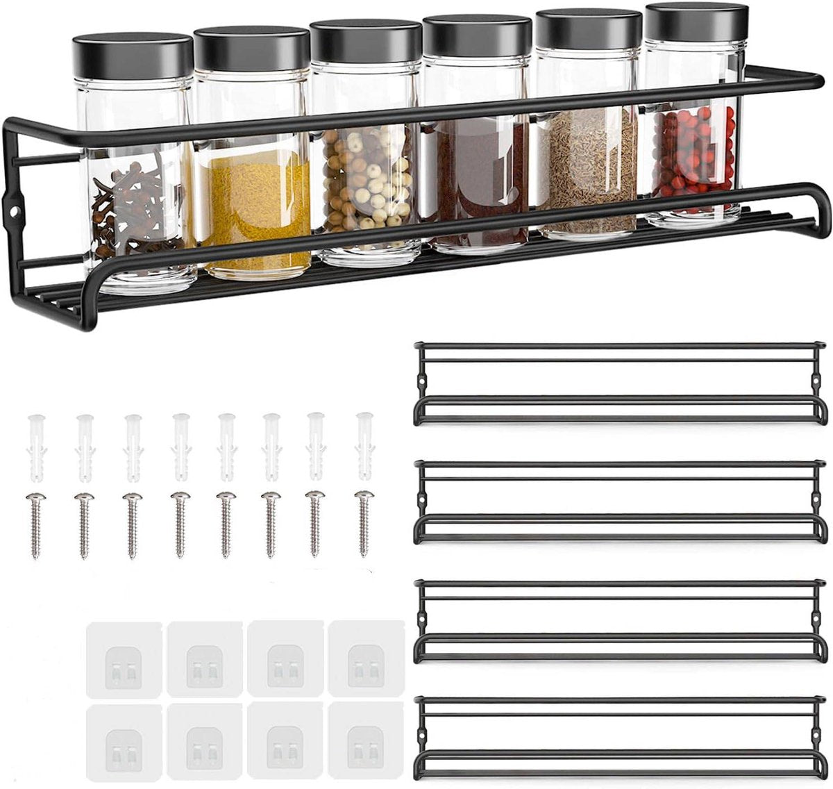 Four-Tier Metal Wall-Mounted Spice Rack - Suitable for Kitchens and Cabinet Interiors - Neatly Organizes Spice Jars and Spices (Black)