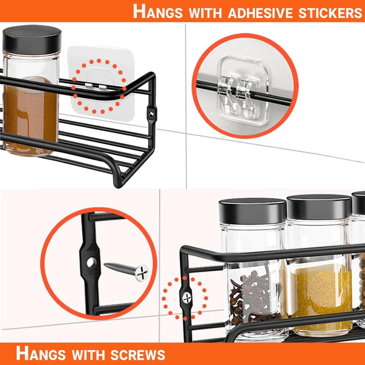 Four-Tier Metal Wall-Mounted Spice Rack - Suitable for Kitchens and Cabinet Interiors - Neatly Organizes Spice Jars and Spices (Black)