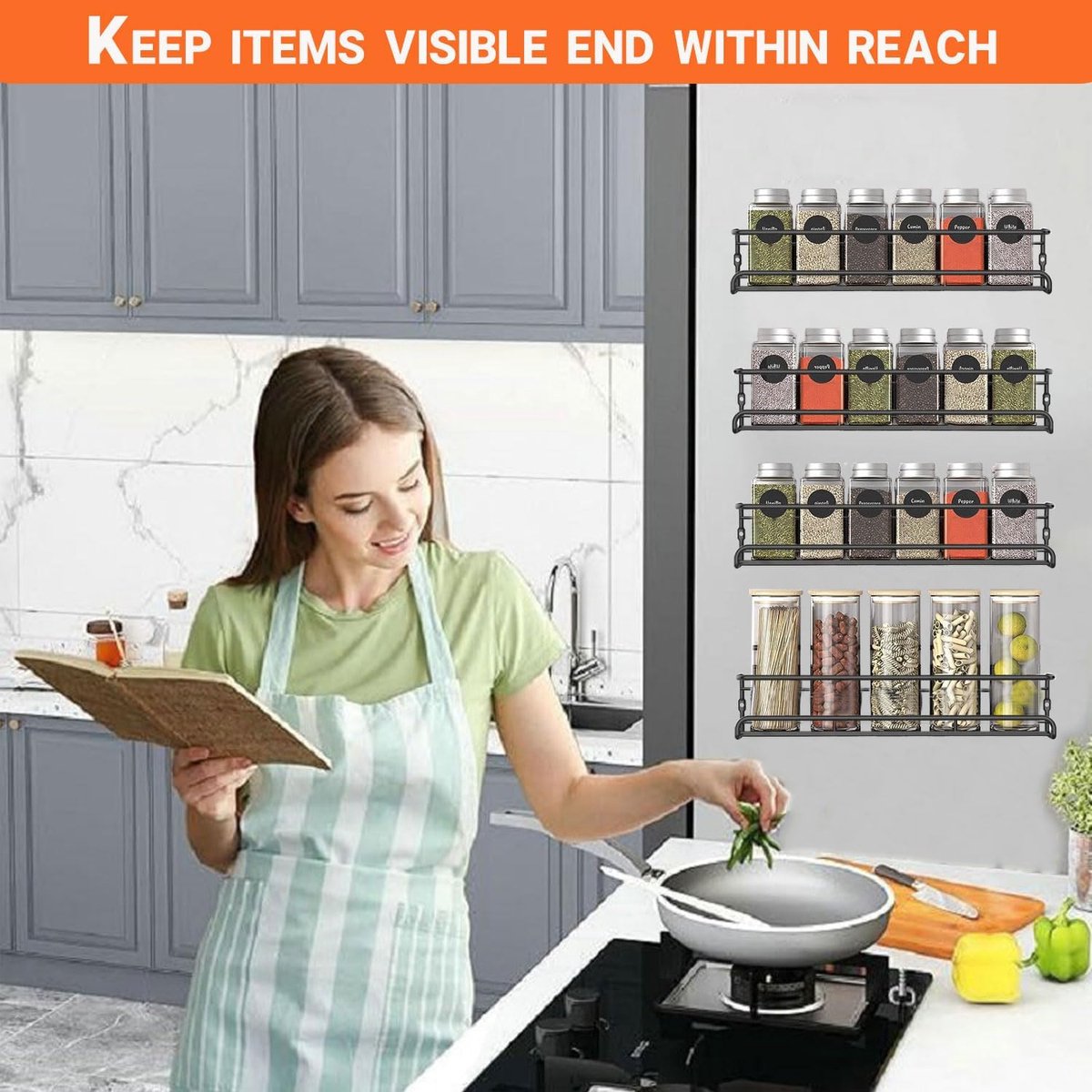 Four-Tier Metal Wall-Mounted Spice Rack - Suitable for Kitchens and Cabinet Interiors - Neatly Organizes Spice Jars and Spices (Black)