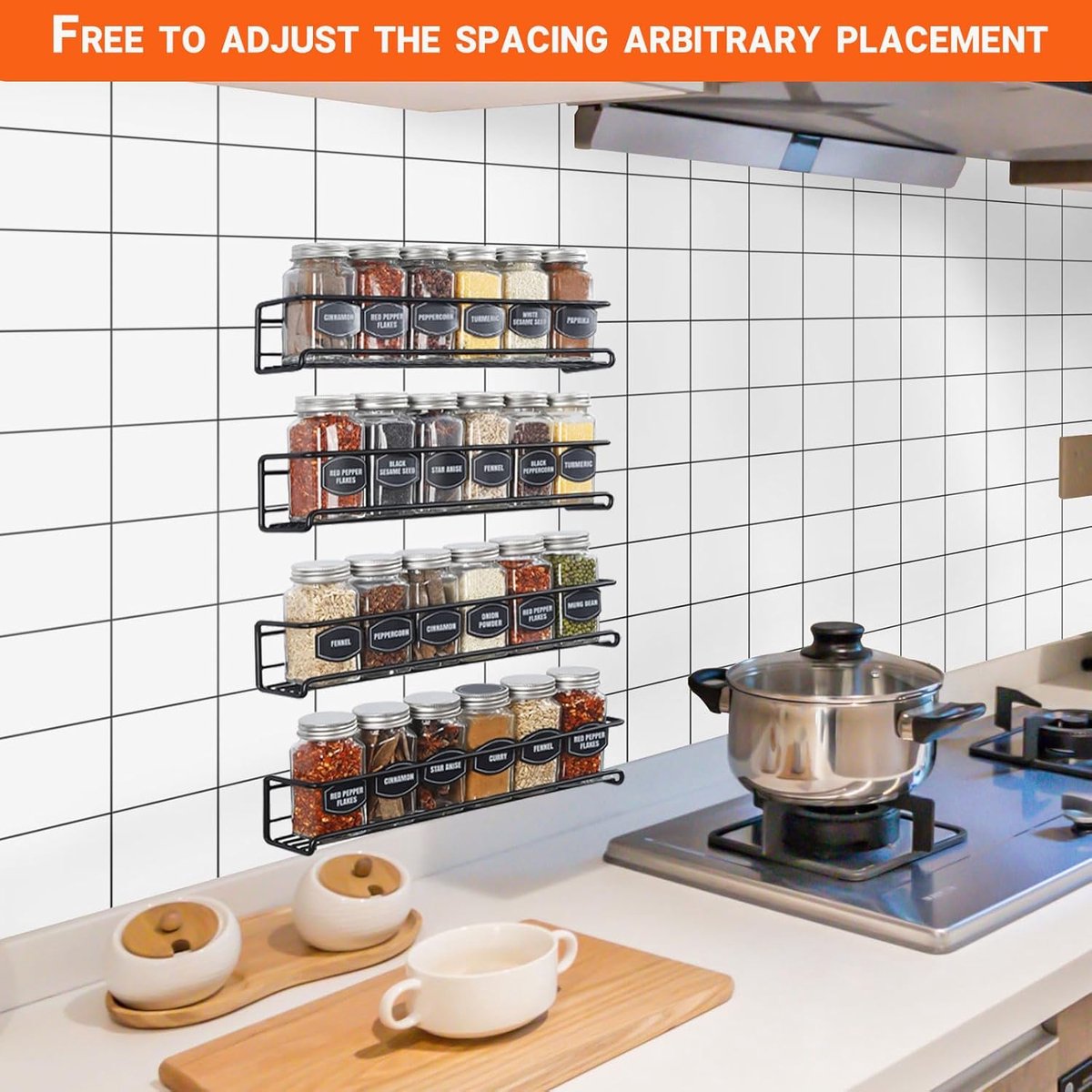 Four-Tier Metal Wall-Mounted Spice Rack - Suitable for Kitchens and Cabinet Interiors - Neatly Organizes Spice Jars and Spices (Black)