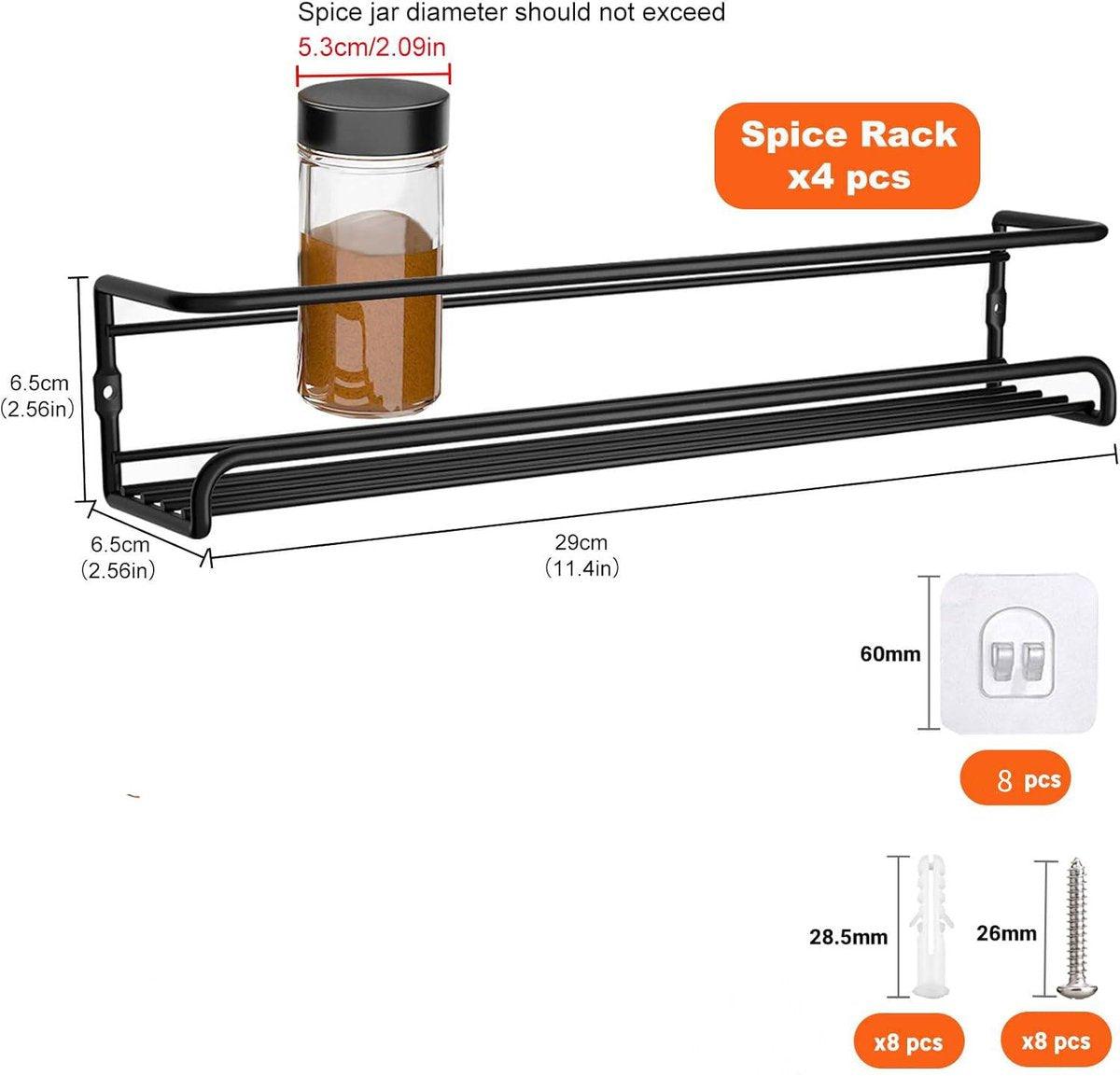 Four-Tier Metal Wall-Mounted Spice Rack - Suitable for Kitchens and Cabinet Interiors - Neatly Organizes Spice Jars and Spices (Black)