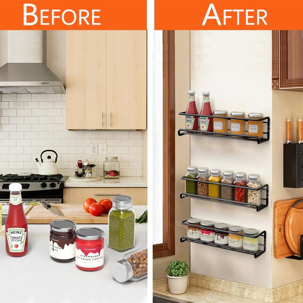 Four-Tier Metal Wall-Mounted Spice Rack - Suitable for Kitchens and Cabinet Interiors - Neatly Organizes Spice Jars and Spices (Black)