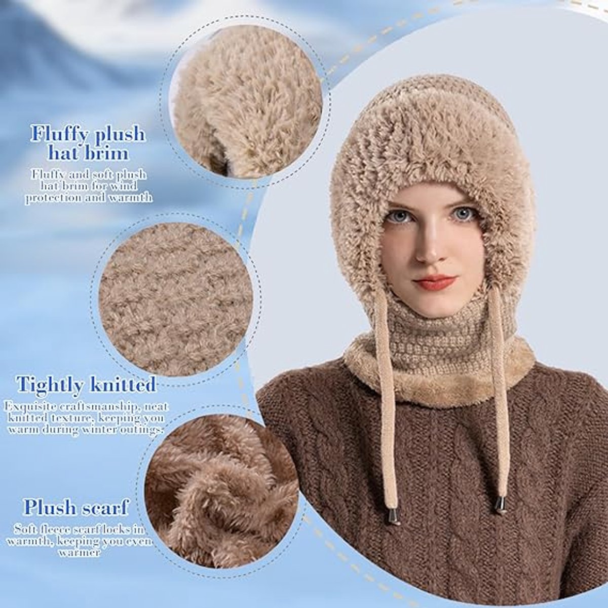 3-in-1 Insulated Hat, Scarf & Face Mask - Ski Face Mask - Warm Knitted Windproof Headband/Scarf for Fall/Winter - Suitable for Skiing, Hiking and Other Outdoor Sports - Khaki
