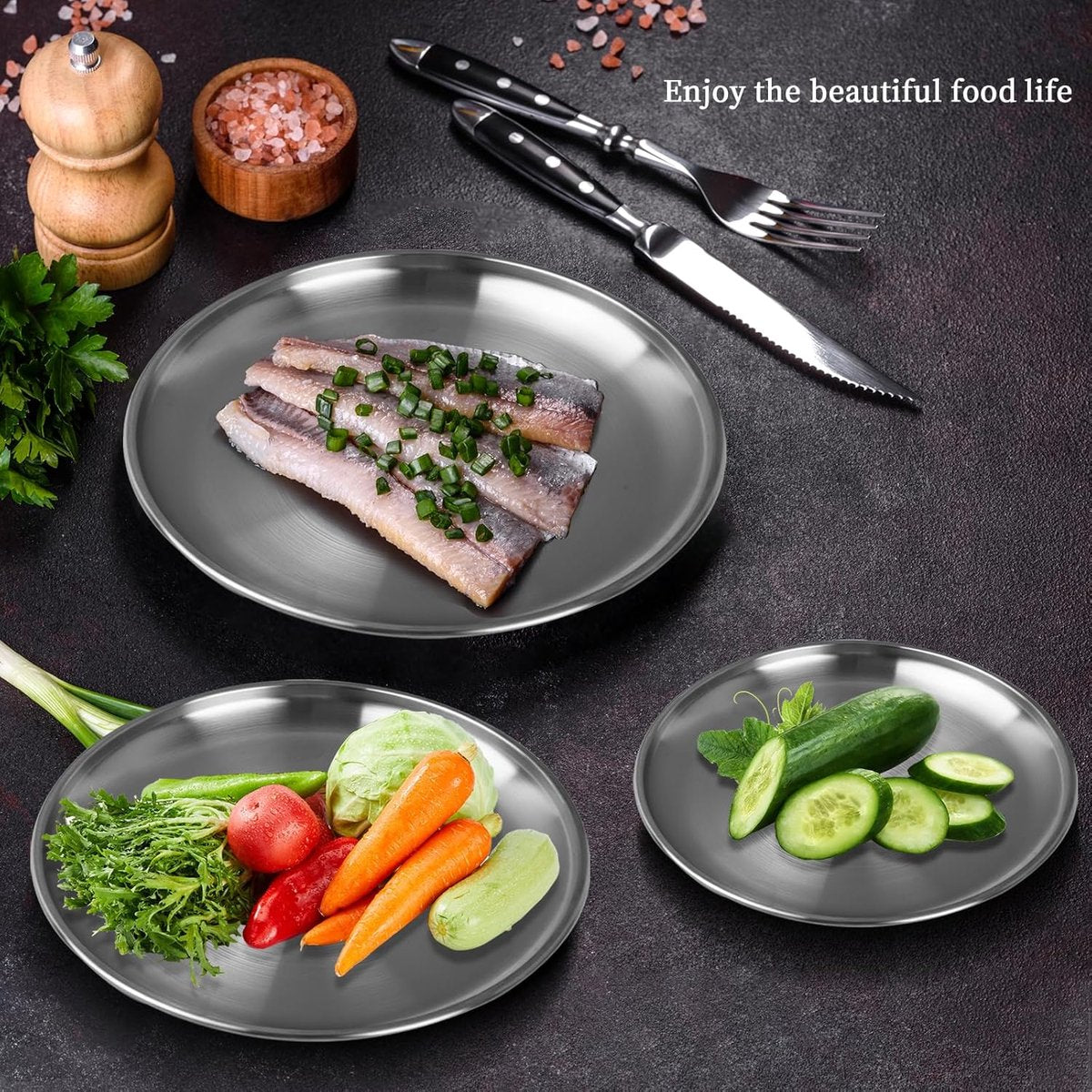 Dinner Plates - 3-Piece - Stainless Steel Plates - 20cm, 23cm, 26cm - Matte Finish - Reusable - Suitable for outdoor use, picnics, kitchens, and parties