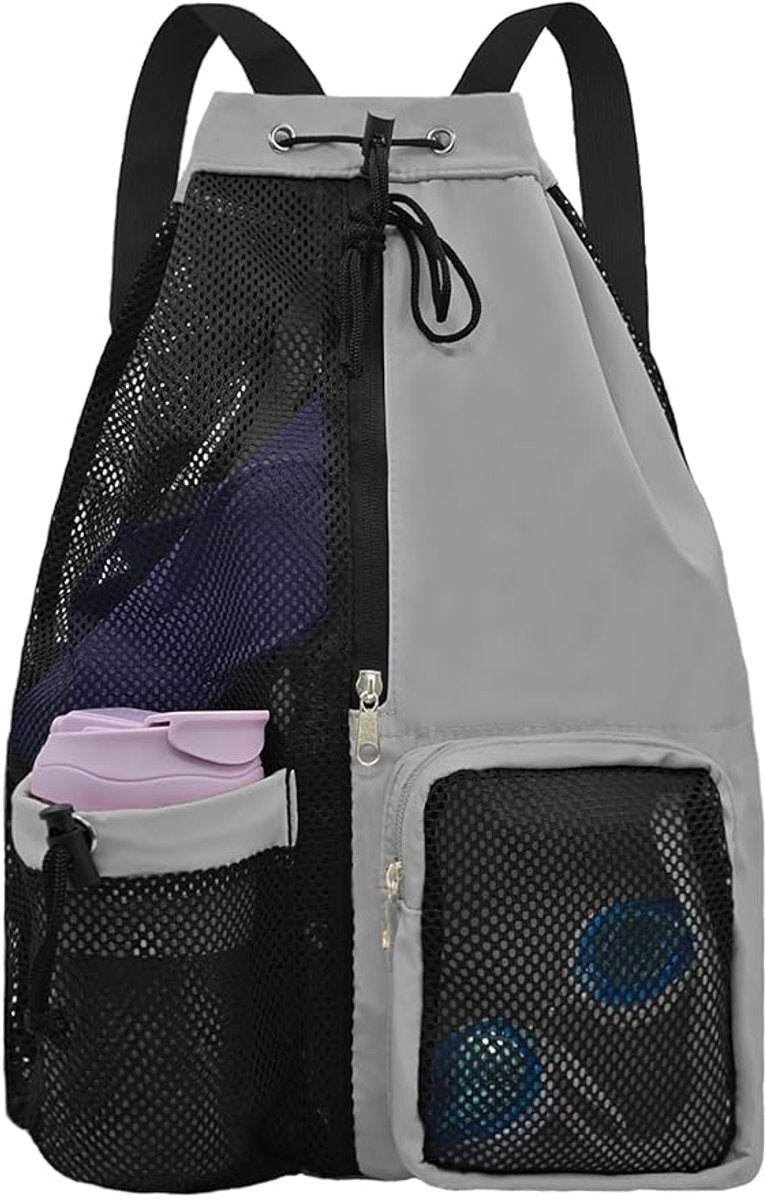 Backpack - Sports Bag - Travel Bag - Training Bag - Swimming Bag - 30*15*45cm - Mesh Material - Drawstring Design - Side Storage Space - Unisex - Suitable for Fitness, Swimming, Travel, Dancing, Camping(Gray)