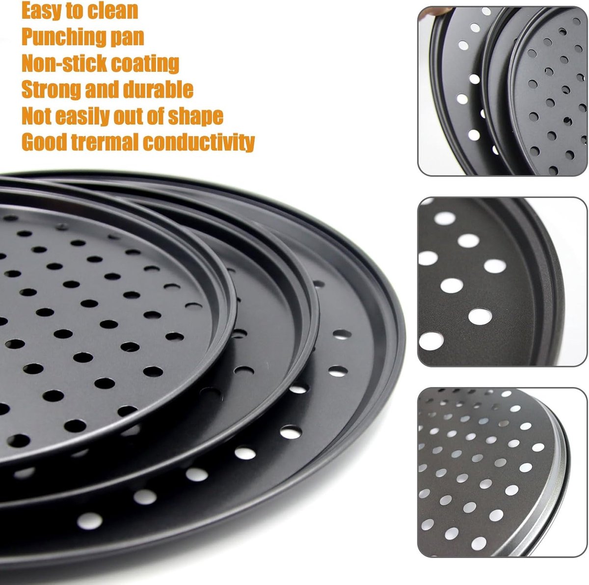 Pizza Baking Pan Set - Pizza Stone Set - Pizza Platter | Pizza Baking Tray | Pizza Plate - Carbon Steel - With Ventilation Holes - Oven-Safe - Home | Kitchen | Dining Room (26cm & 28cm & 32cm)