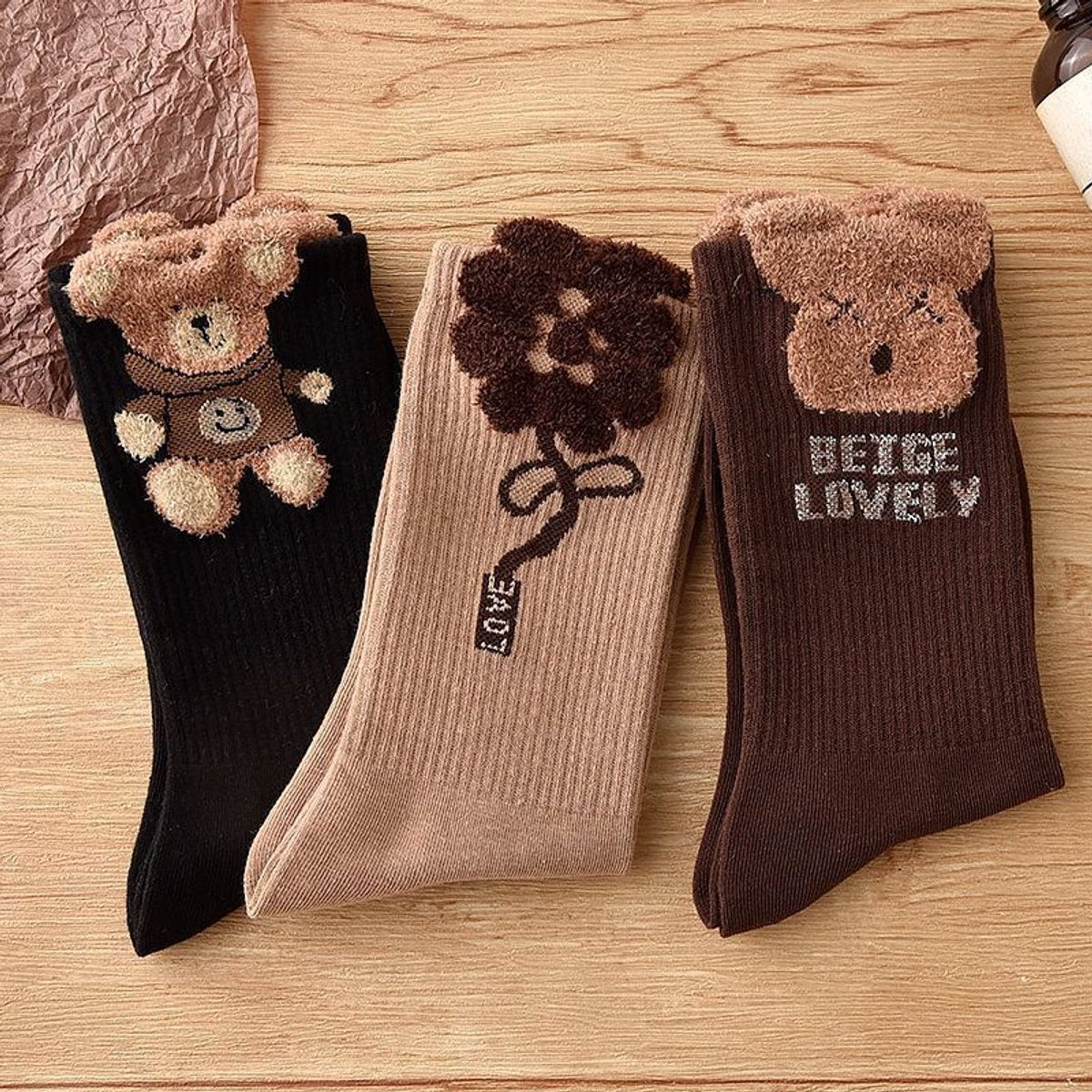Socks 3-pack - House socks - fluffy socks - Casual socks - Indoor & Outdoor Wearable - Soft & Warm - socks men - socks women - Unisex Women - Size 36 to 42 - Dark brown bear