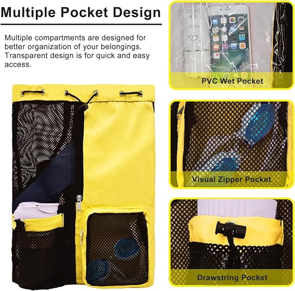 Backpack - Sports Bag - Travel Bag - Training Bag - Swimming Bag - 30*15*45cm - Mesh Material - Drawstring Design - Side Storage Space - Unisex - Suitable for Fitness, Swimming, Travel, Dancing, Camping(Yellow)