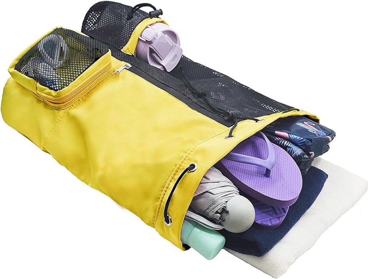 Backpack - Sports Bag - Travel Bag - Training Bag - Swimming Bag - 30*15*45cm - Mesh Material - Drawstring Design - Side Storage Space - Unisex - Suitable for Fitness, Swimming, Travel, Dancing, Camping(Yellow)