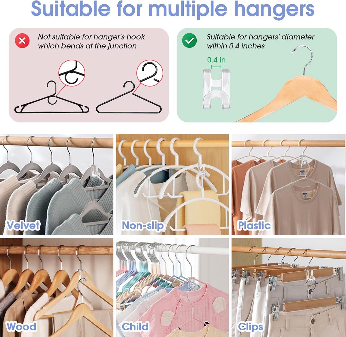 Hanger Hooks | Hooks - S-Hook Hangers - Transparent - 100 Pieces - Coat Hook - Space-Saving Hanger Connector Hooks - Plastic Hanger Connectors - Ideal for Organizing Your Wardrobe