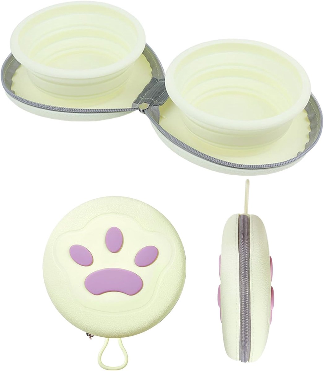 Dog Food Bowl - Foldable Dog Food Bowl - Outdoor Pet Food Bowl - 2-in-1 Dog Food Bowl - with Zippered Storage Bag and Carabiner - Suitable for Travel, Hiking, Camping and Other Activities (Beige)