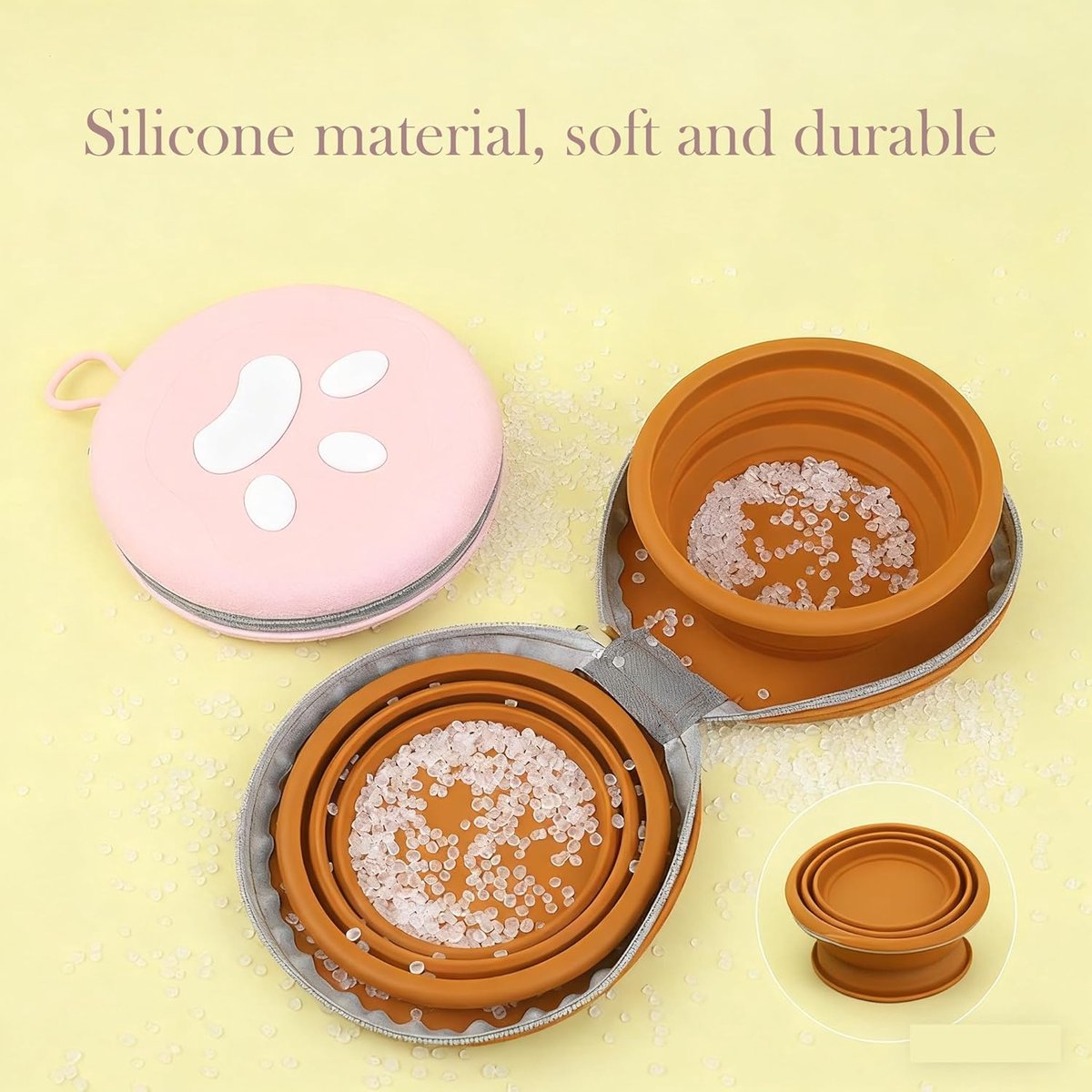 Dog Food Bowl - Foldable Dog Food Bowl - Outdoor Pet Food Bowl - 2-in-1 Dog Food Bowl - with Zippered Storage Bag and Carabiner - Suitable for Travel, Hiking, Camping and Other Activities (Beige)