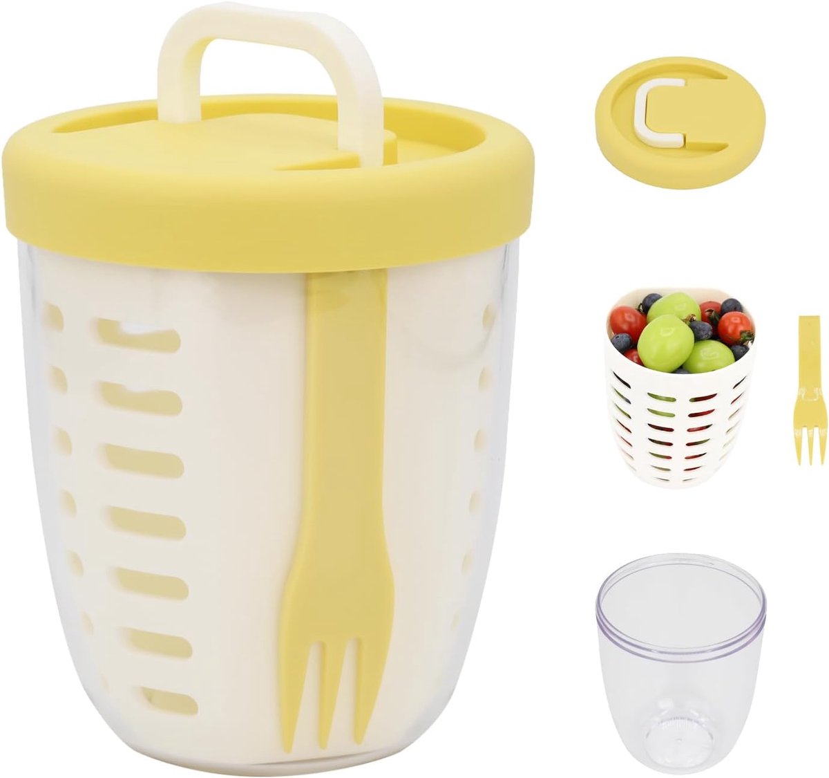 Fruit Bowl - Salad Bowl - Leakproof reusable food container with lid and draining basket - Suitable for work, school, and travel. - 650 ml (Yellow)