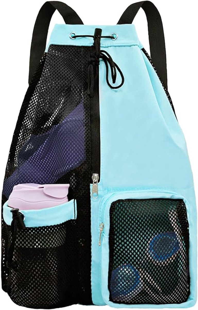 Backpack - Sports Bag - Travel Bag - Training Bag - Swimming Bag - 30*15*45cm - Mesh Material - Drawstring Design - Side Storage Space - Unisex - Suitable for Fitness, Swimming, Travel, Dancing, Camping(Blue)