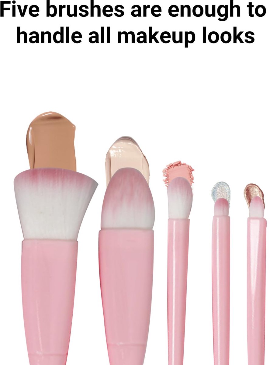 Makeup Brush Set - 5-Pack - Portable - Travel Makeup Brush Set with Mirror Case - Professional Foundation Brush, Eyeshadow Brush, and Blending Brush for Women - Barbie Pink