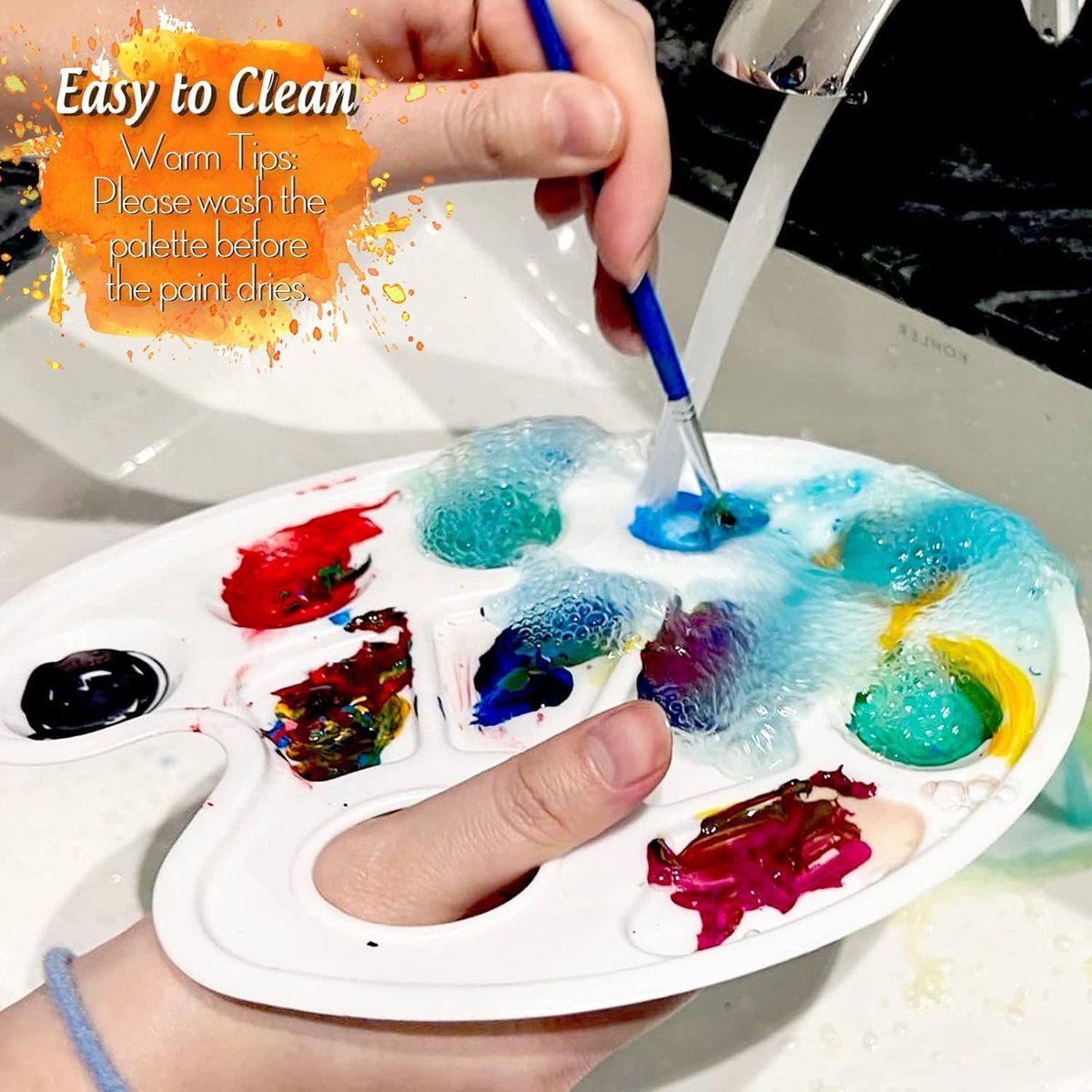 Two-piece oval paint palette - plastic paint tray - palette with thumb hole - suitable for adults and children - perfect for painting or DIY craft lessons - white