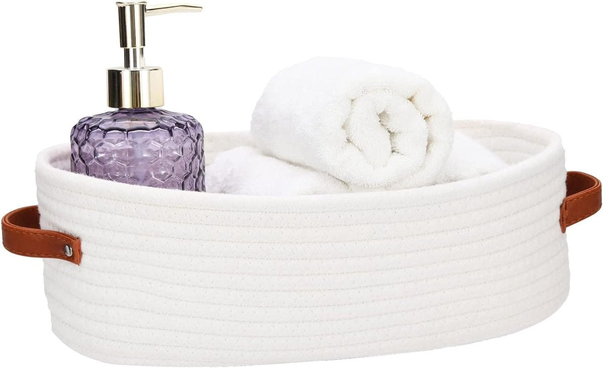 Storage Baskets - Bathroom Storage Baskets - Bathroom Countertop Storage Baskets - Bathroom Baskets Made of Braided Cotton Rope - Toilet Paper Baskets with Leather Handles - Suitable for Bathrooms, Bedrooms, and Living Rooms