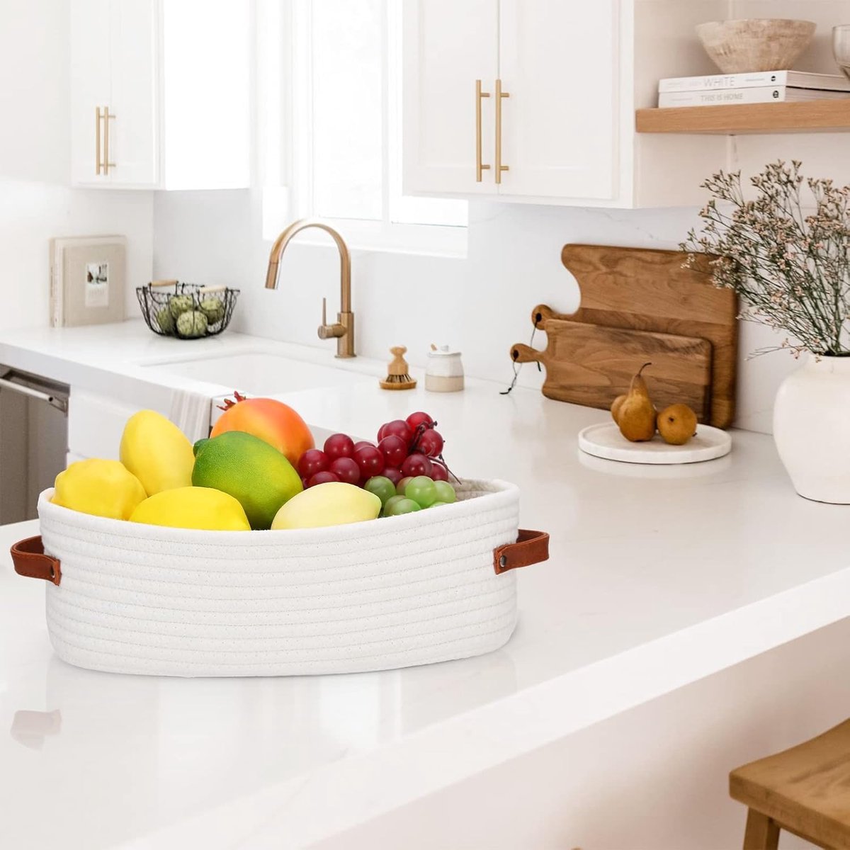 Storage Baskets - Bathroom Storage Baskets - Bathroom Countertop Storage Baskets - Bathroom Baskets Made of Braided Cotton Rope - Toilet Paper Baskets with Leather Handles - Suitable for Bathrooms, Bedrooms, and Living Rooms