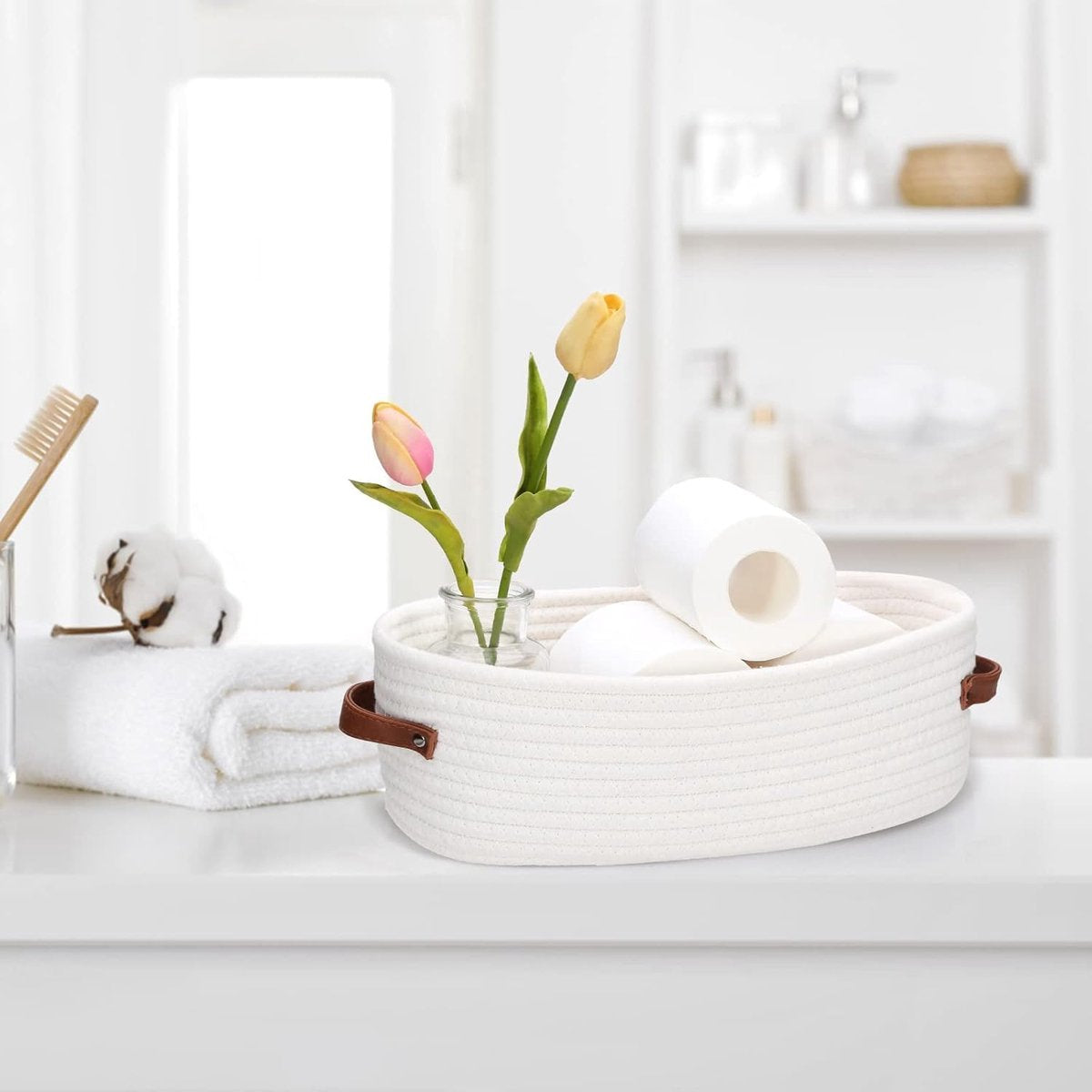 Storage Baskets - Bathroom Storage Baskets - Bathroom Countertop Storage Baskets - Bathroom Baskets Made of Braided Cotton Rope - Toilet Paper Baskets with Leather Handles - Suitable for Bathrooms, Bedrooms, and Living Rooms