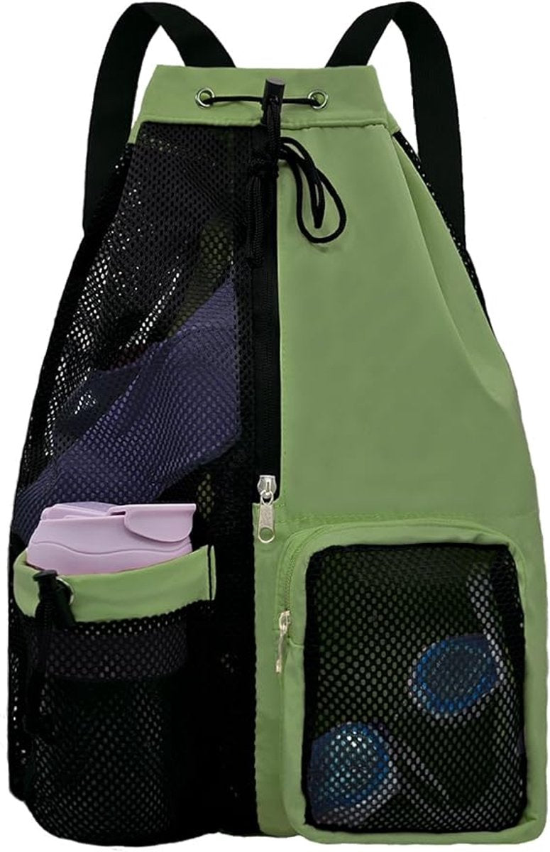 Backpack - Sports Bag - Travel Bag - Training Bag - Swimming Bag - 30*15*45cm - Mesh Material - Drawstring Design - Side Storage Space - Unisex - Suitable for fitness, swimming, traveling, dancing, camping(Vegetable)
