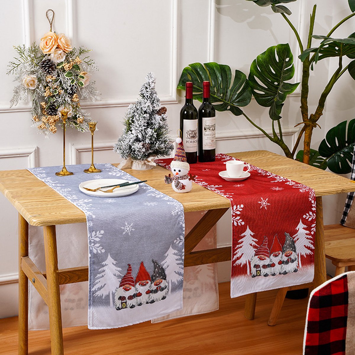 Tablecloth - Two-pack - Christmas tablecloth - Snowflake table runner - textile table runners (Gray + Red)