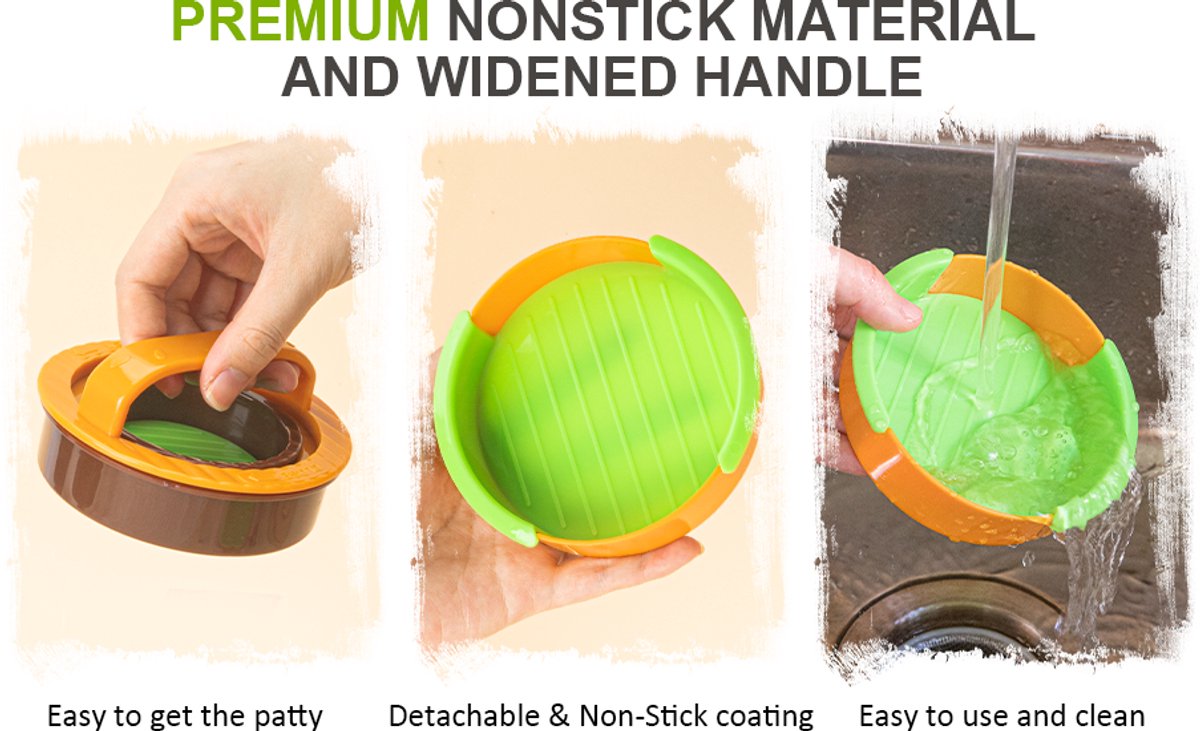3-in-1 Hamburger and Hamburger Press - Hamburger Mold - Non-stick, durable patty maker for stuffed burgers and sliders - Easy to clean - Orange