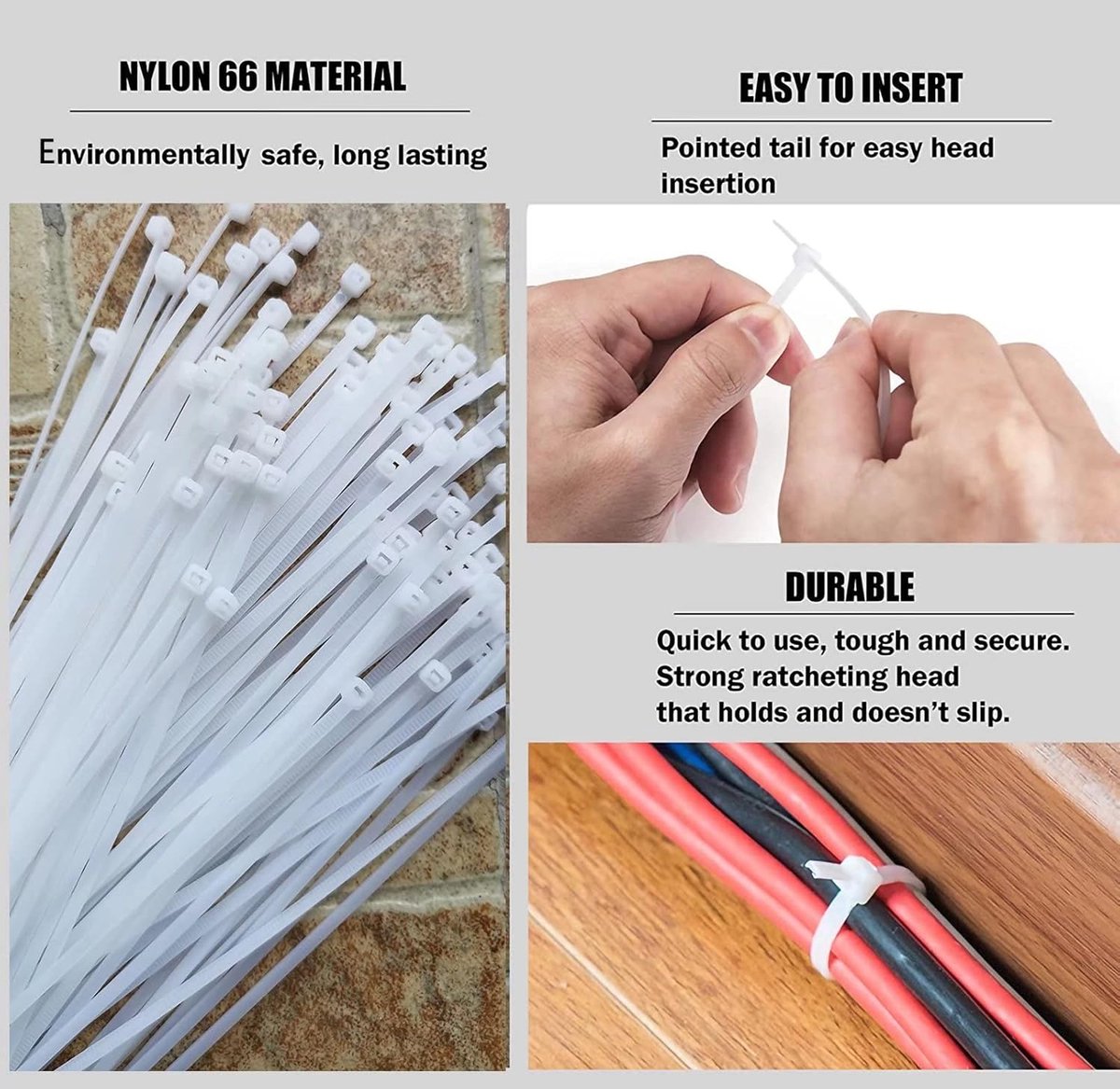 Nylon Cable Ties - Pack of 100 - 300mm x 4.8mm - Large White Nylon Cable Ties - Extra Strong - Tensile Strength 23kg - Self-Locking Plastic Cable Ties - Suitable for Home, Garden and Office Use.