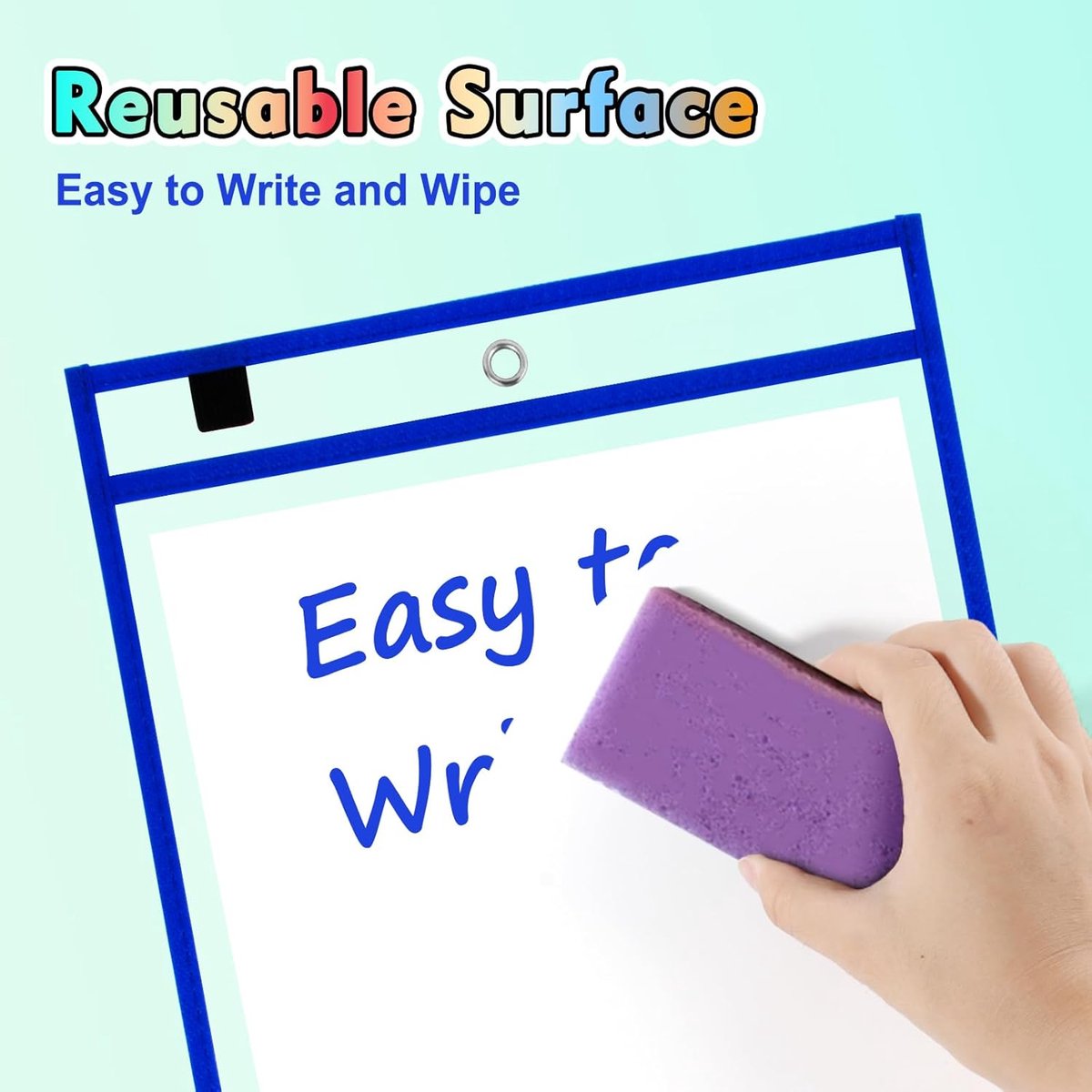 Erasable and Writable Folders - Pack of 20 | Includes 20 water-based whiteboard markers and 2 erasers - Transparent plastic folders/protective covers - Drawing and tracing bags for young children - Erasable and writable - Random colors
