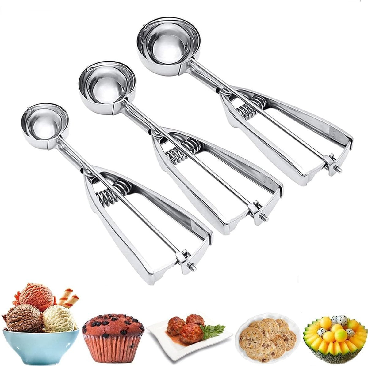 Three-Piece Ice Cream Scoop Set - Cookie Scoop Set - Stainless Steel Ice Cream Scoop with Trigger Mechanism - Large/Medium/Small Cookie Scoops - Baking Cookie Scoop Set