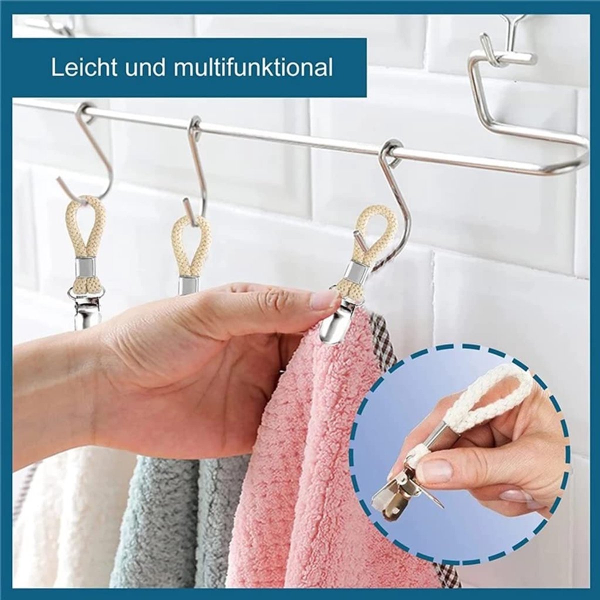 Set of 4 - Woven Cotton Ring, Metal Towel Clips - Hanging Ring and Storage Clips - Suitable for Home, Bedroom and Bathroom - Multifunctional