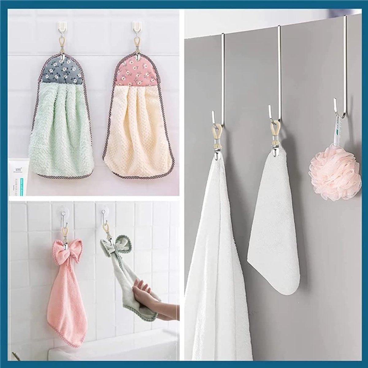 Set of 4 - Woven Cotton Ring, Metal Towel Clips - Hanging Ring and Storage Clips - Suitable for Home, Bedroom and Bathroom - Multifunctional