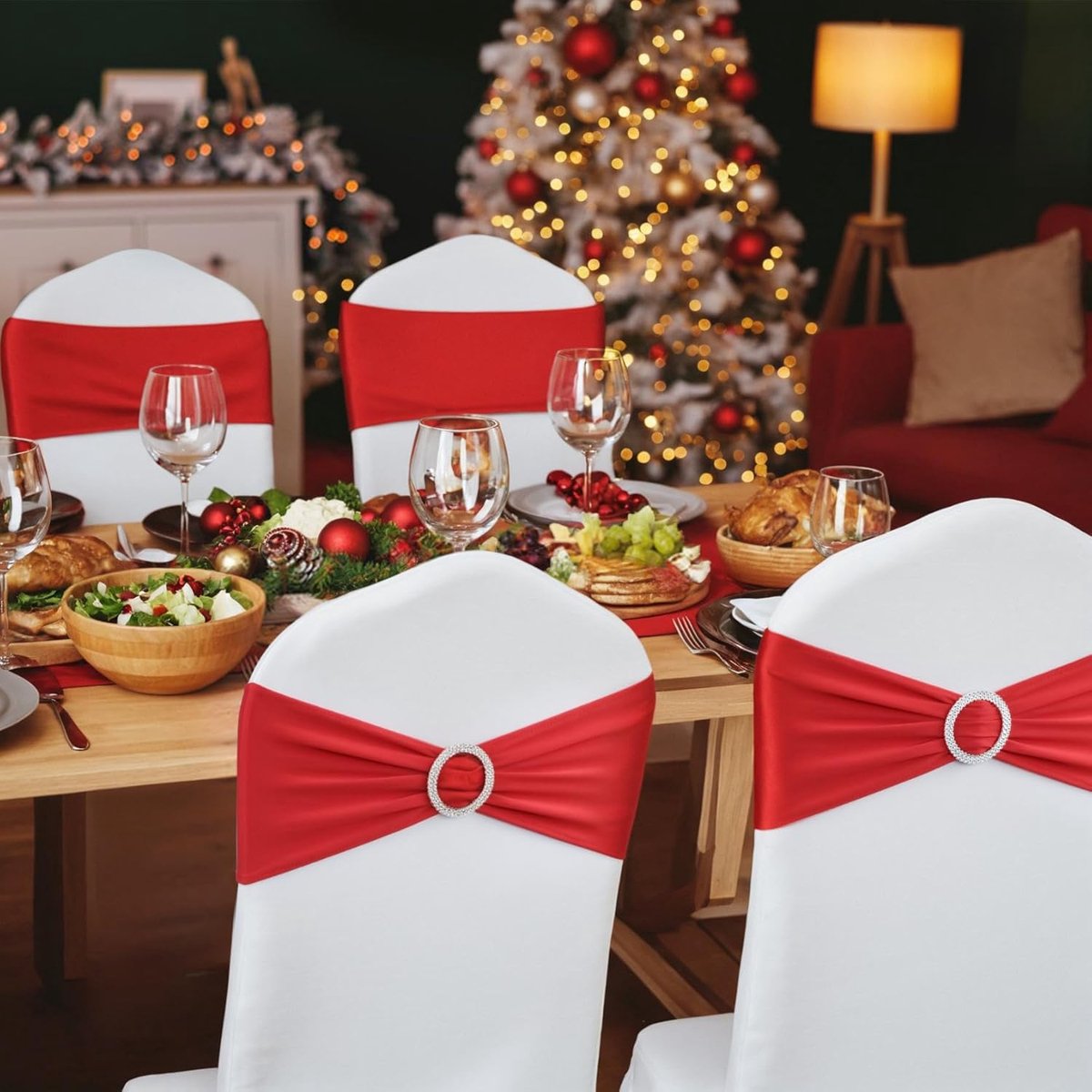 Chair Covers - Pack of 5 - Christmas Chair Covers - Party Chair Covers - Premium Elastic Chair Cover Straps - Buckle Slider - Universal Elastic Chair Straps - Wedding - Ceremony - Banquet Decoration - Red