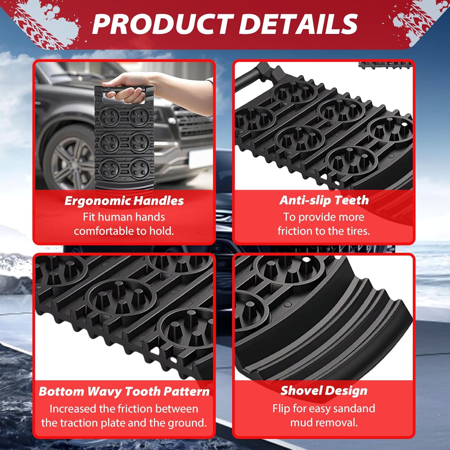 Off-Road Traction Plates | Pack of 2 - Portable emergency tool for extra grip on snow, ice, mud, and sand, suitable for cars, SUVs, ATVs, UTVs, and motorcycles.