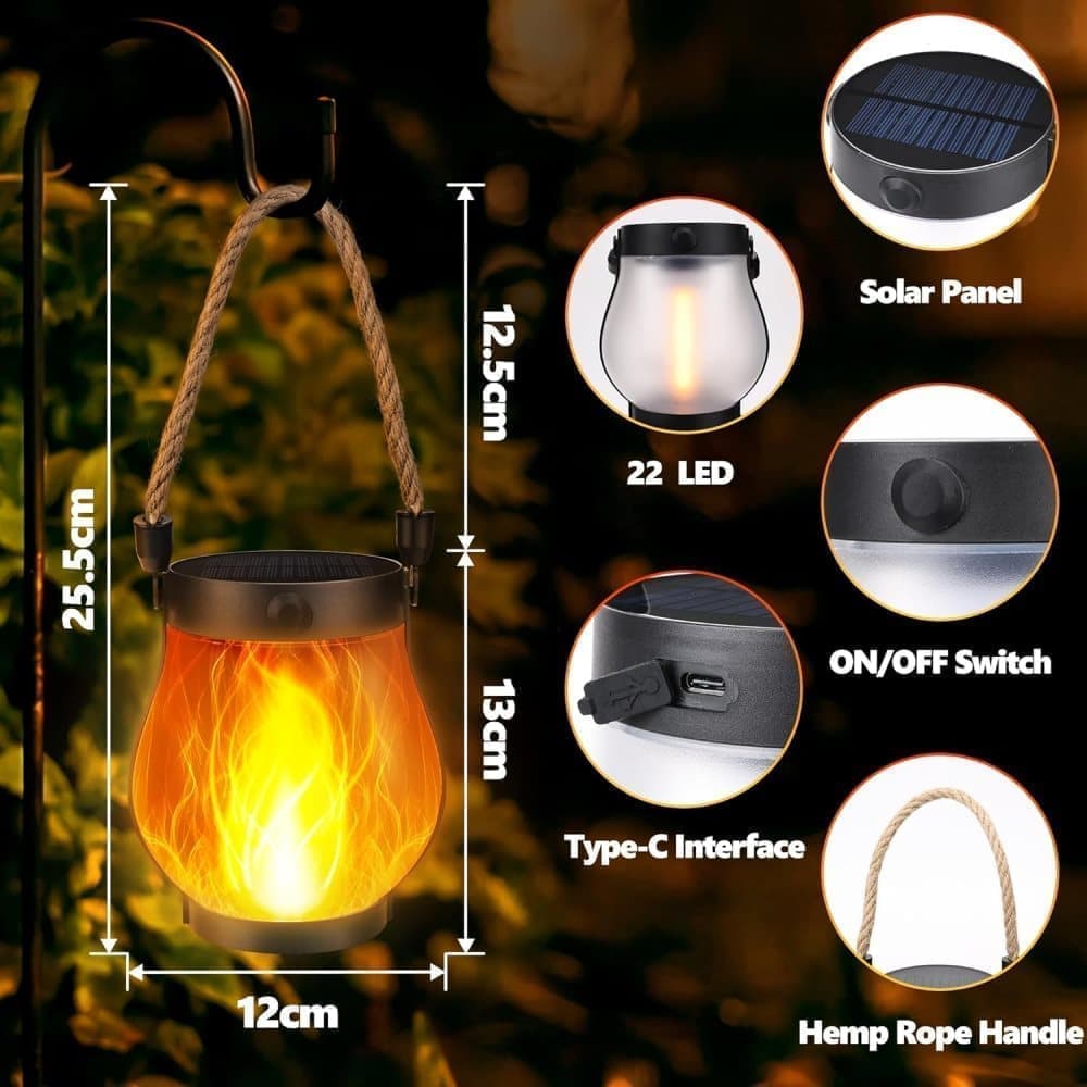 1/2/4 Pack Solar Garden Lights with Flame Effect - Waterproof Hanging Lanterns with USB Charging, Halloween and Garden Decoration (Four-piece set)
