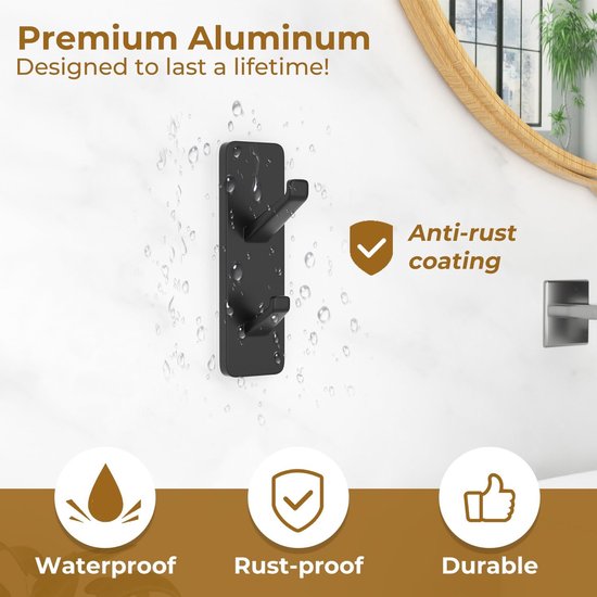 Coat Hooks - Self-Adhesive Hooks for Towels, Coats, Keys - Bathroom, Doors, Kitchens, Dorms - Black - Metal - Pack of 4