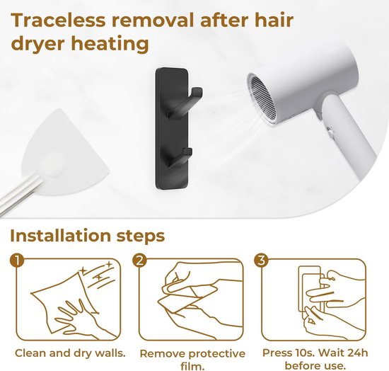 Coat Hooks - Self-Adhesive Hooks for Towels, Coats, Keys - Bathroom, Doors, Kitchens, Dorms - Black - Metal - Pack of 4