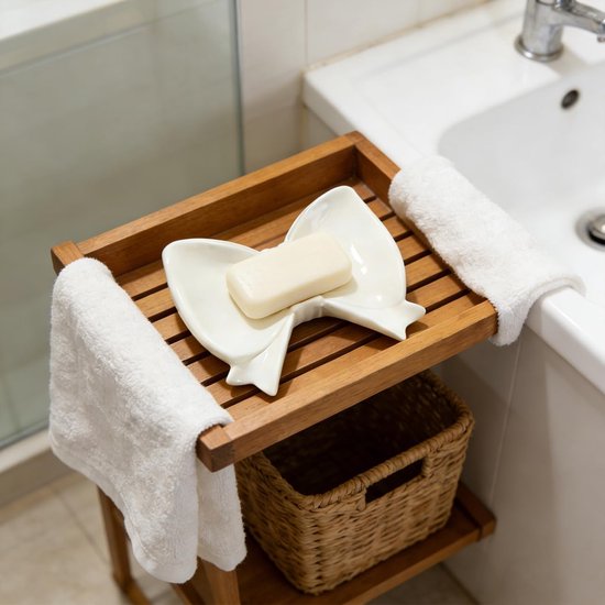 Bow Soap Dish - Ceramic Soap Organizer with Pink Bow - Bathroom Decor, Sponge Holder for Sink, Jewelry Storage Box, Bathroom Accessories for Countertop (White)