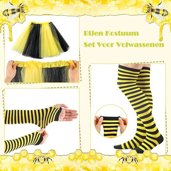 Bee Costume Set for Adults - Complete with Skirt, Headband, Stockings & Gloves - Cosplay & Party Outfit - Hilarious Halloween Costume for Adults
