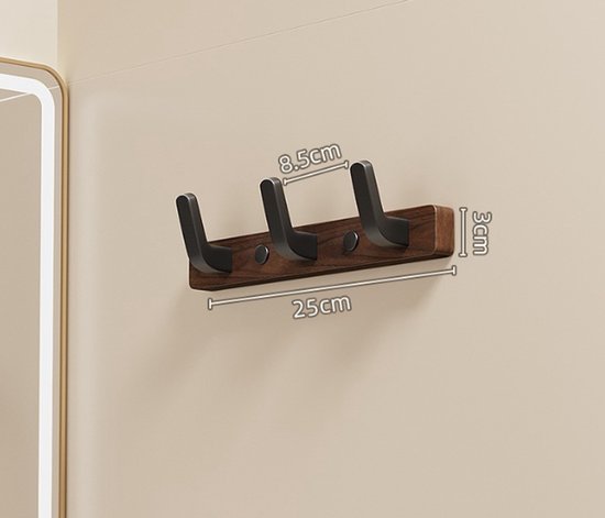 Coat rack - Wall coat rack - Coat rack with hooks - Storage rack - 25 × 3 cm - Wooden coat rack - Walnut - 3 hooks - Walnut wood color